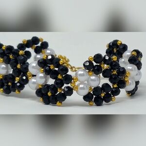 Chic Black and White Beaded Bracelet with Gold Accents